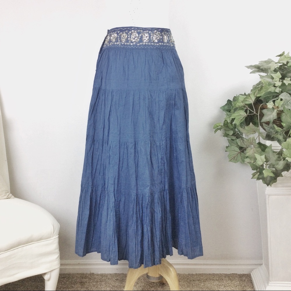 Bohemian Blue Cotton Tiered Maxi Skirt